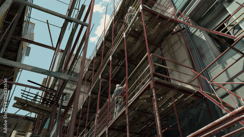 Poster scaffolding structure on construction site with workers visible, showcasing industrial environment a