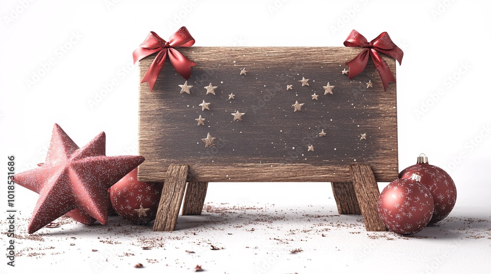 Poster Isolated on white background with side space for letters 3d-render clay style sparkling stars and decorative ribbons surrounding an empty sign for Christmas promotions Stock Photo with copy space