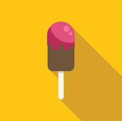 Chocolate ice cream covered with pink glaze on wooden stick over yellow background