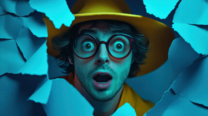 A shocked man popping out from a glossy blue paper surface, wearing a yellow hat and large round...