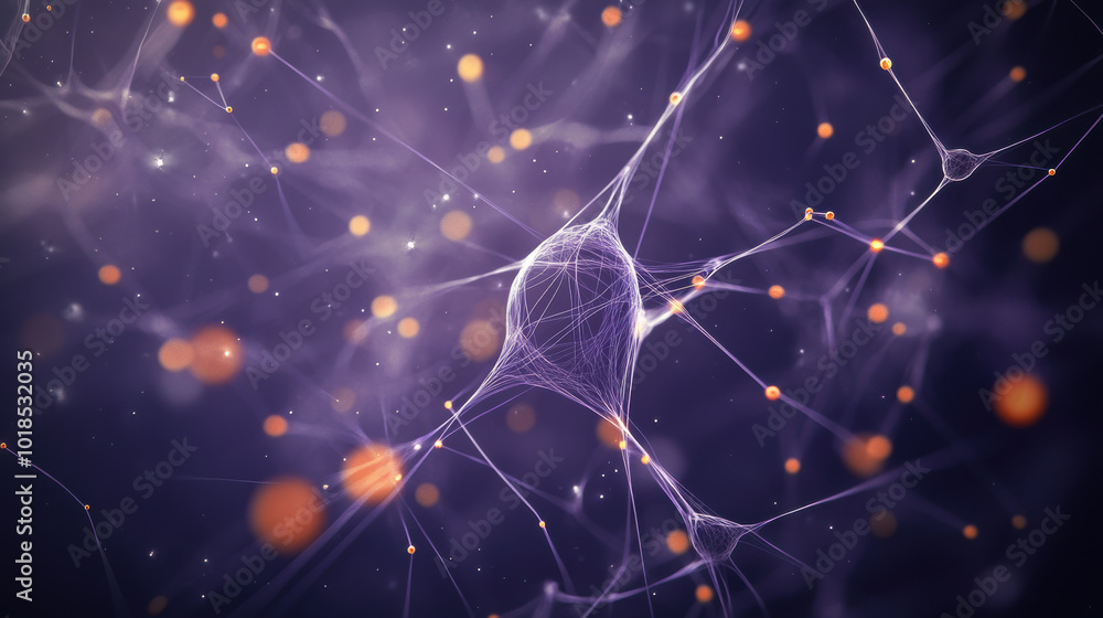 Poster microscopic image featuring complex network of interconnected structures, showcasing vibrant colors 