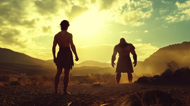 David standing confidently before Goliath in the Valley of Elah