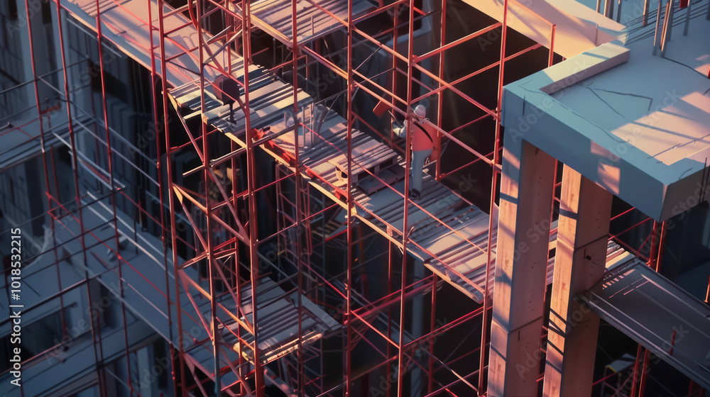 Poster construction site featuring scaffolding and workers engaged in building activities. vibrant colors a
