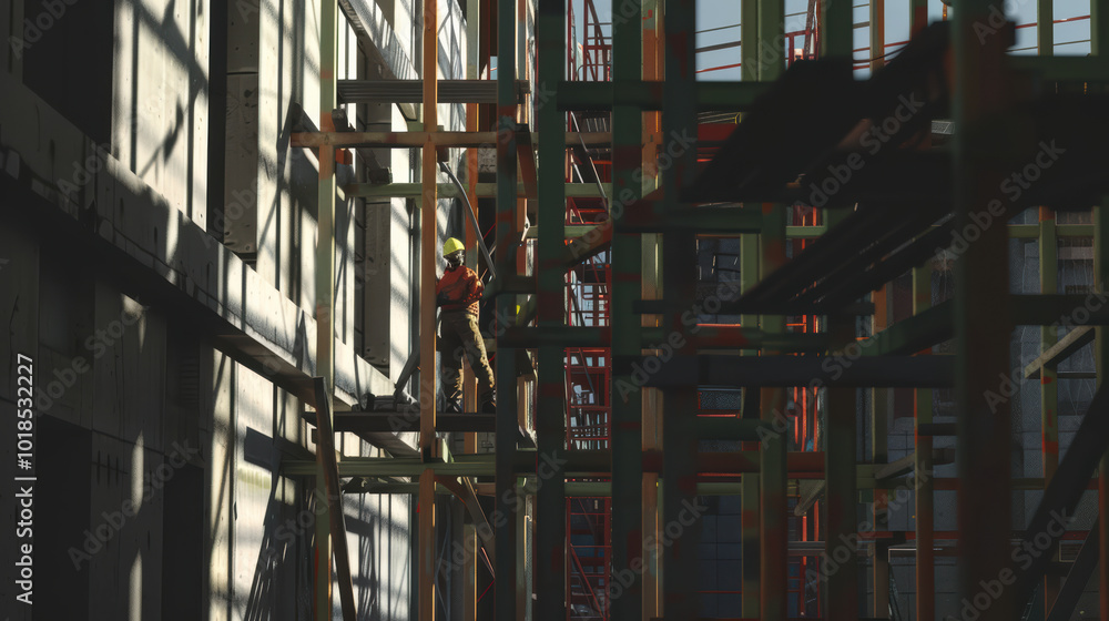 Poster construction worker is seen on scaffolding, engaged in building work, surrounded by structural eleme
