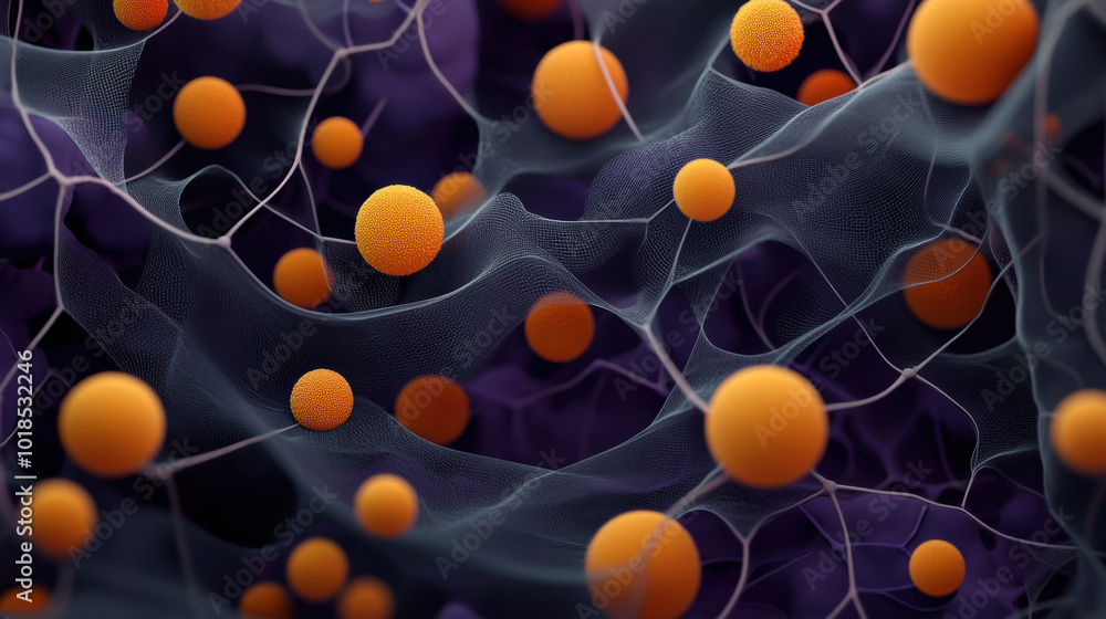Poster Microscopic scene of orange spherical particles surrounded by delicate web of translucent structures, creating captivating and intricate visual representation of microscopic life