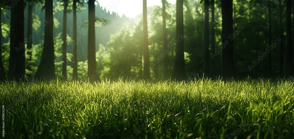 Poster lush green grass in a serene forest setting with sunlight filtering through trees.