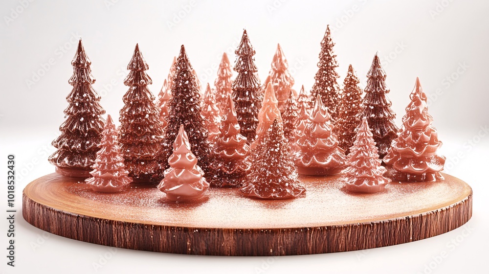 Poster Isolated on white background with side space for letters 3d-render clay style tiny Christmas trees and snowflakes around a blank board for festive greetings Stock Photo with copy space