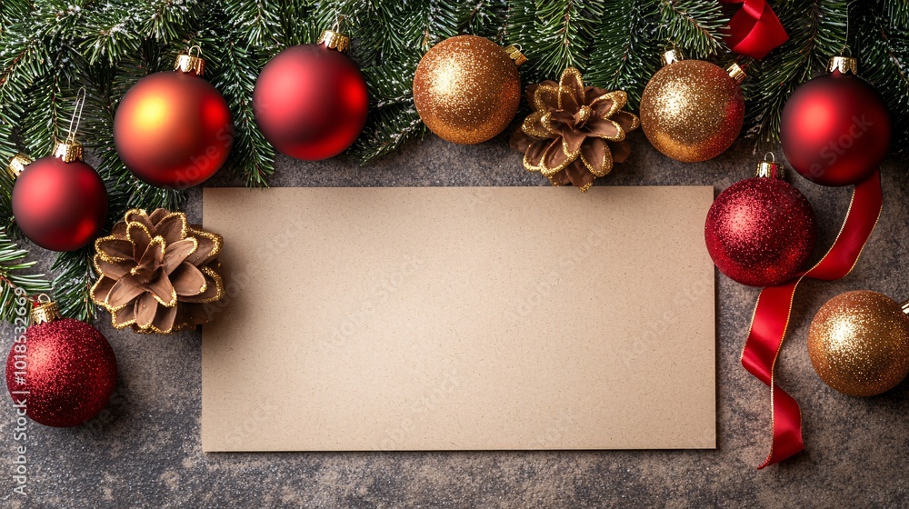 Poster Isolated on white background with side space for letters 3d-render clay style festive ribbons and sparkling baubles next to a blank board for holiday messages Stock Photo with copy space