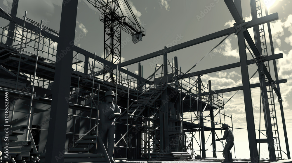 Poster construction workers are seen on building site, surrounded by scaffolding and steel structures under