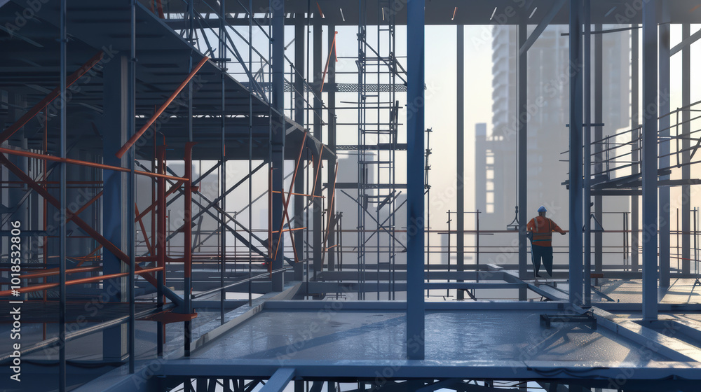 Poster image depicts construction site with scaffolding and worker in orange vest, showcasing intricate fra