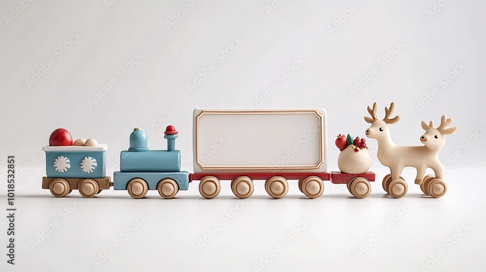 Poster isolated on white background with side space for letters 3d-render clay style toy train and miniatur