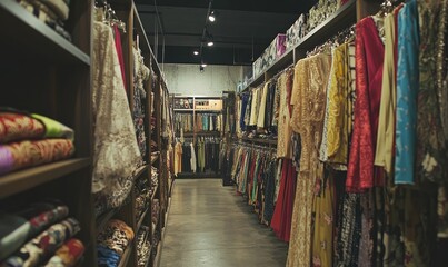 Obraz premium A clothing store with racks of colorful dresses.