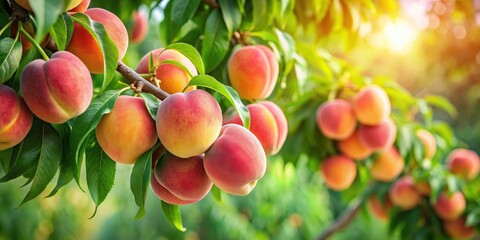 Obraz premium Sweet peaches on a peach tree being blown by the wind in Yamanashi, Japan , fresh, fruit, ripe, harvest, orchard, agriculture