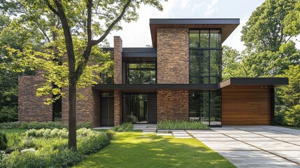 Fototapeta premium Modern architectural design of a sleek house showcasing large windows and a lush garden in a serene residential area.