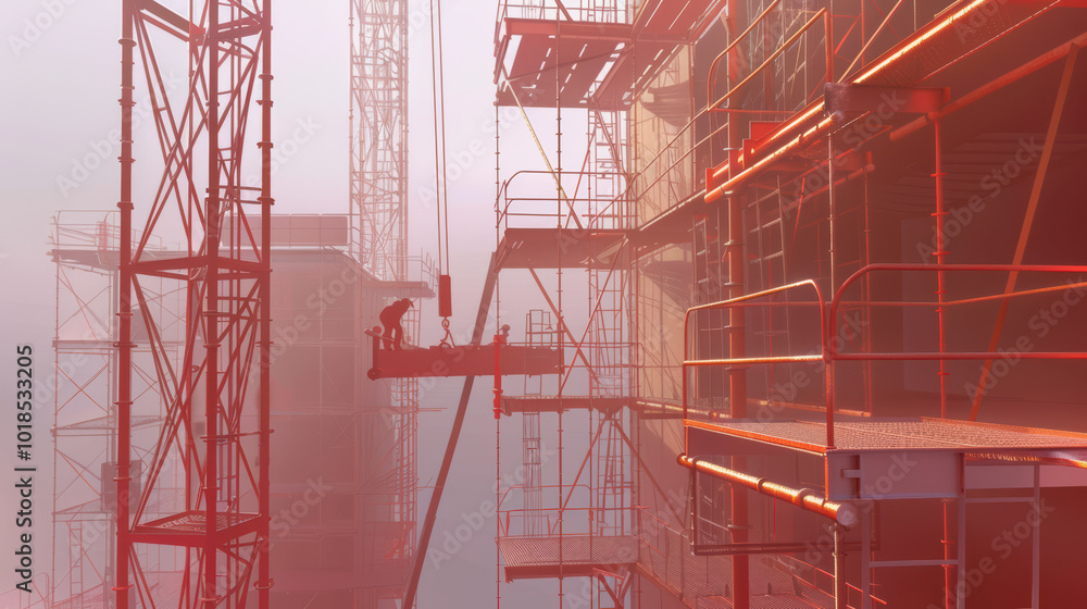 Poster construction worker is seen on scaffold, surrounded by misty atmosphere, highlighting intricate deta