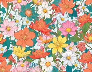 Colorful floral pattern with assorted flowers on a pale background suitable for fabric or wallpaper