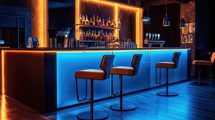 Modern bar with vibrant blue and orange LED lighting, showcasing stylish stools and an inviting atmosphere for nightlife.