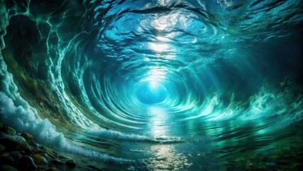 Underwater View of a Majestic Wave Creating a Tunnel of Light
