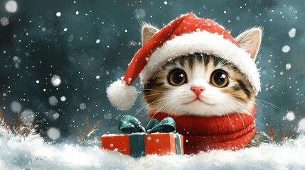 Adorable Cat in Christmas Hat with Gift