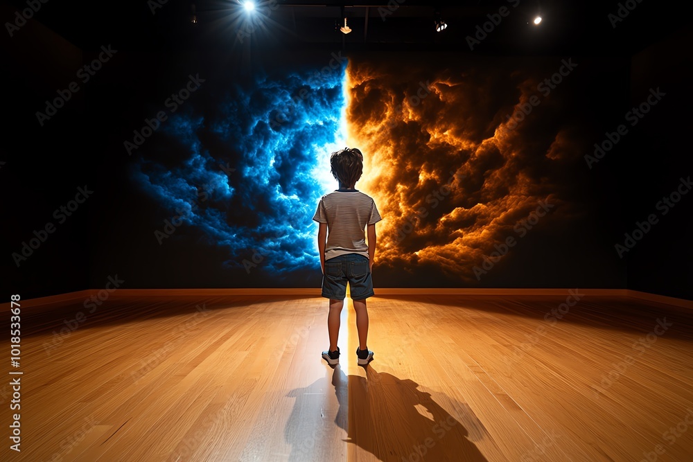 Poster a person standing in a room divided by light and shadow, representing the dualism of good and evil w