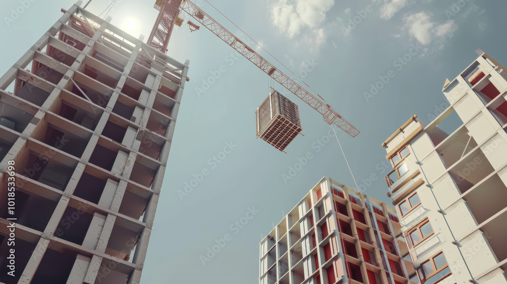 Poster construction site with cranes lifting materials between buildings under clear sky. scene captures dy