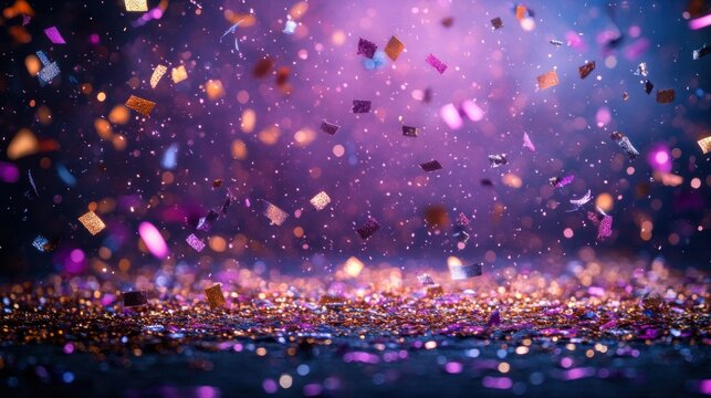 Confetti raining over, deep purple background, silver and gold streamers, sparkling effect, celebratory design with copy space.