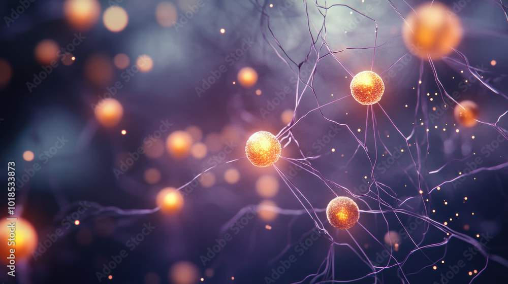 Poster zoomed in look at biological structure showcasing glowing neurons interconnected by delicate fibers,