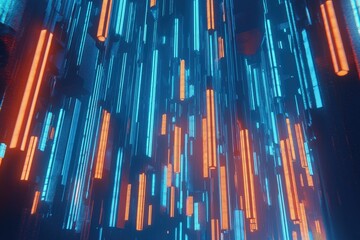 Fototapeta premium Vibrant neon light bars cascade down in a futuristic setting, showcasing a stunning blend of blue and orange tones.