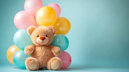 Fluffy Beige Teddy Bear with Colorful Birthday Balloons on Pastel Background, Cute Kid's Party Celebration Concept