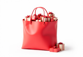 a red bag full of gifts on a white background