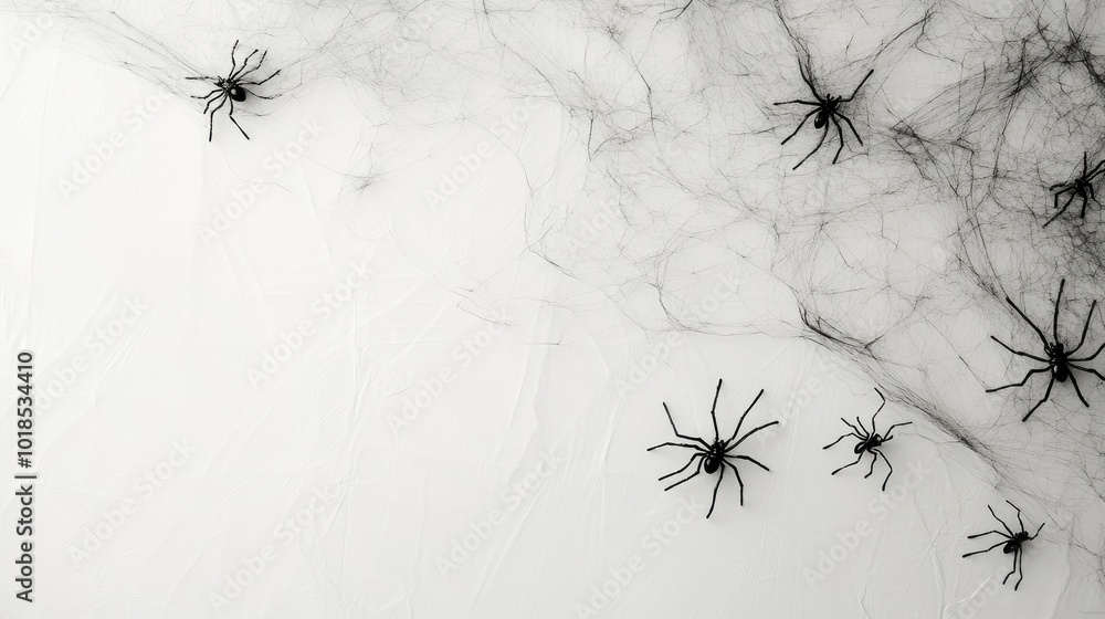 Poster black spider webs draped on a white background, tiny spiders dangling from threads, adding a spooky 