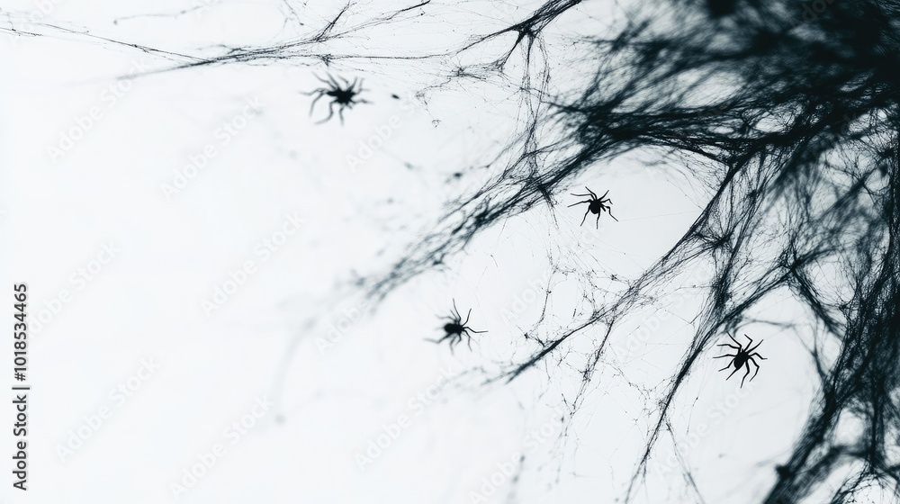 Aufkleber black spider webs draped on a white background, tiny spiders dangling from threads, adding a spooky 