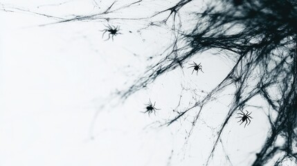 Fototapeta premium Black spider webs draped on a white background, tiny spiders dangling from threads, adding a spooky border effect