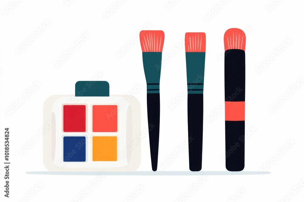Poster this image depicts a simple of a paintbrush paint palette and paint tubes in a minimalistic flat des