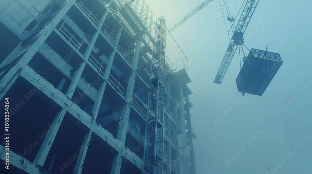 Poster image showcases construction site with cranes and partially built structure, evoking sense of progre
