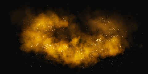 Fantastic smoke background. Magic smoke with glitter and small particles of shimmering stars, fog with glowing particles, golden vapour with stardust. Vector illustration.	