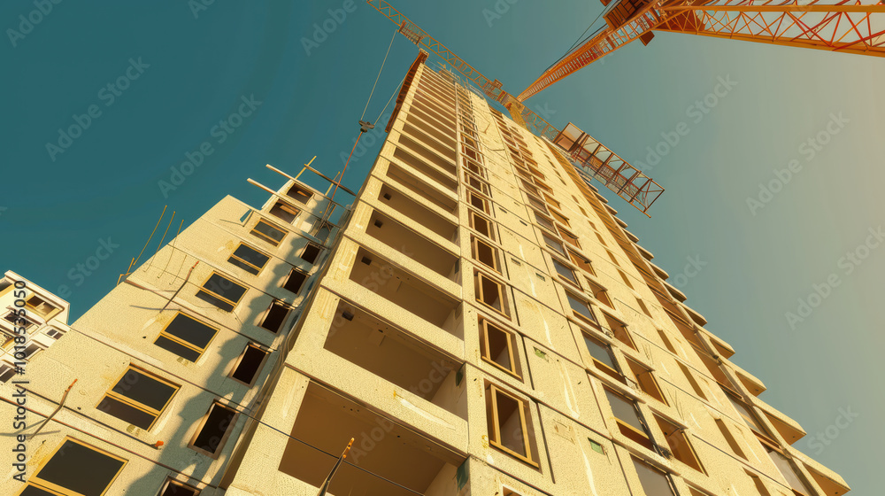 Poster tall construction building under development with crane in background, showcasing modern architectur