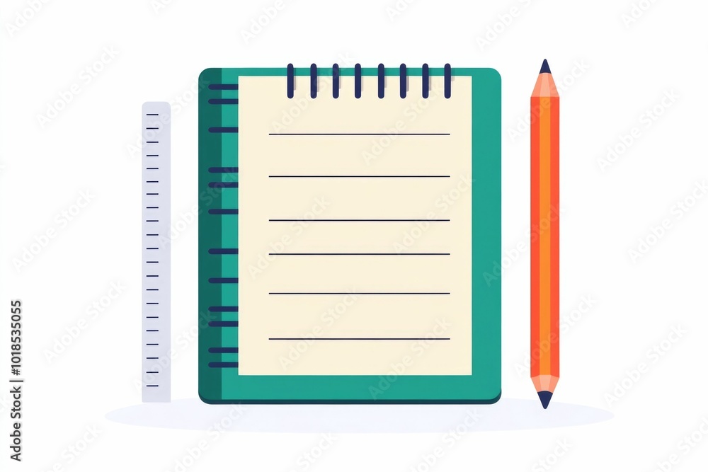 Poster minimalist flat of a sketchbook icon with a ruler and pencil on a clean white background representin