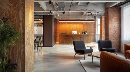 Modern office interior featuring stylish seating, wooden accents, and a welcoming atmosphere for collaboration and creativity.
