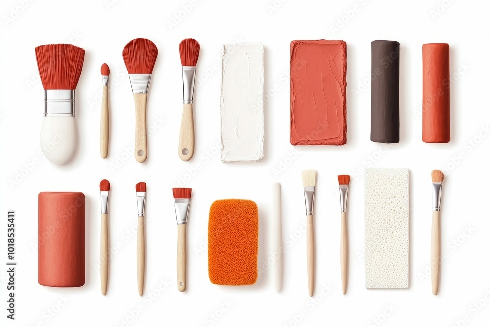 Poster depicting a collection of sculpting tools and a clay sculpture in a simple flat design style isolate