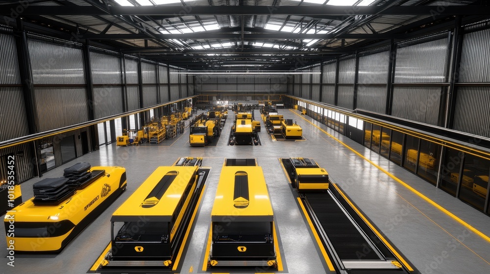 Poster 3d rendering of agvs seamlessly transferring cargo in a 5g-powered smart factory, representing the f