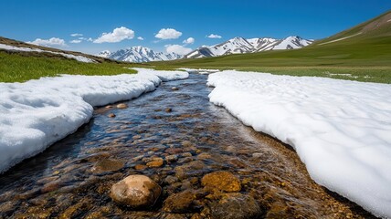 Snow melting into a mountain stream, representing the seasonal transformation of water from solid to liquid, snowmelt water, seasonal water power