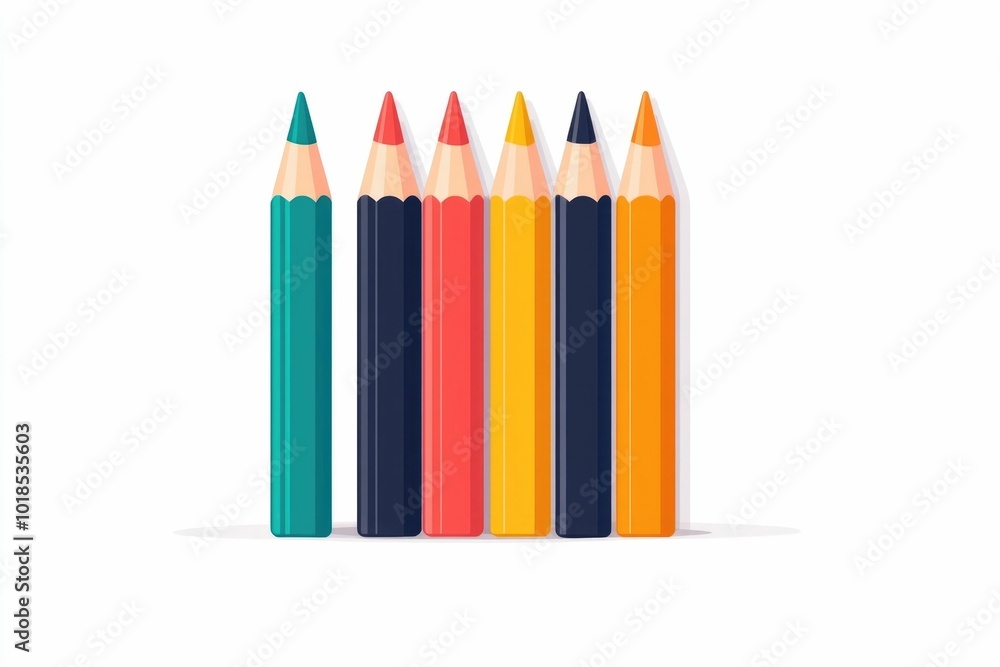 Poster vibrant of a simple flat design featuring a pencil sharpener set of colored pencils and a sketchpad 