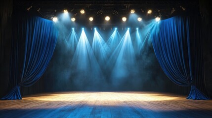 Blue curtains unveiling a bare stage, spotlights creating a dramatic effect