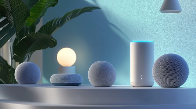 Modern smart speakers and gadgets displayed on a stylish shelf, blending technology with contemporary home decor.
