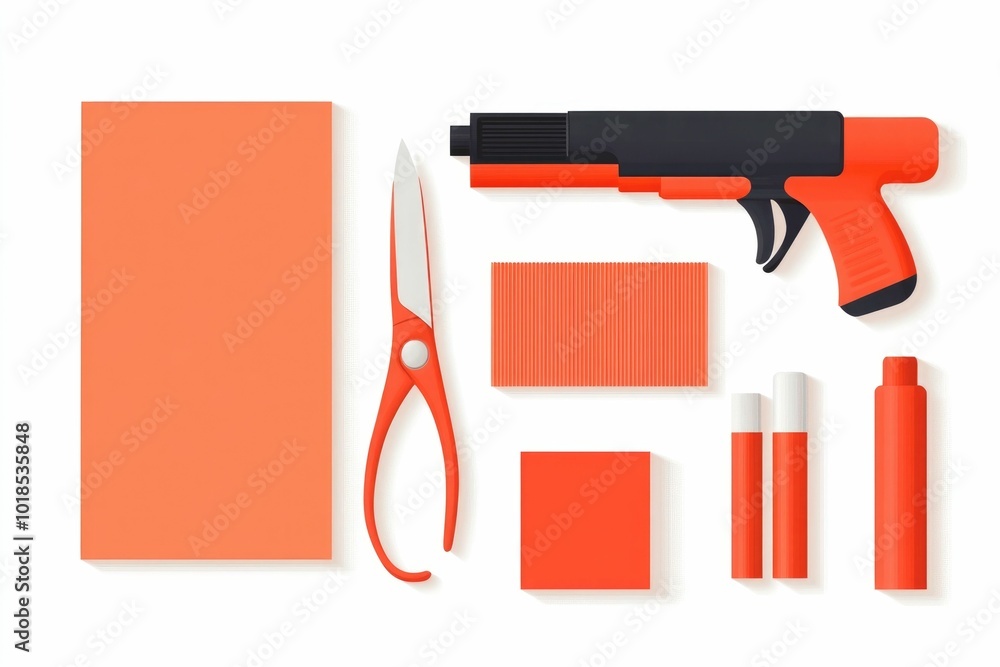 Poster minimalist icons of a glue gun scissors and craft foam in a flat design layout grouped together and 