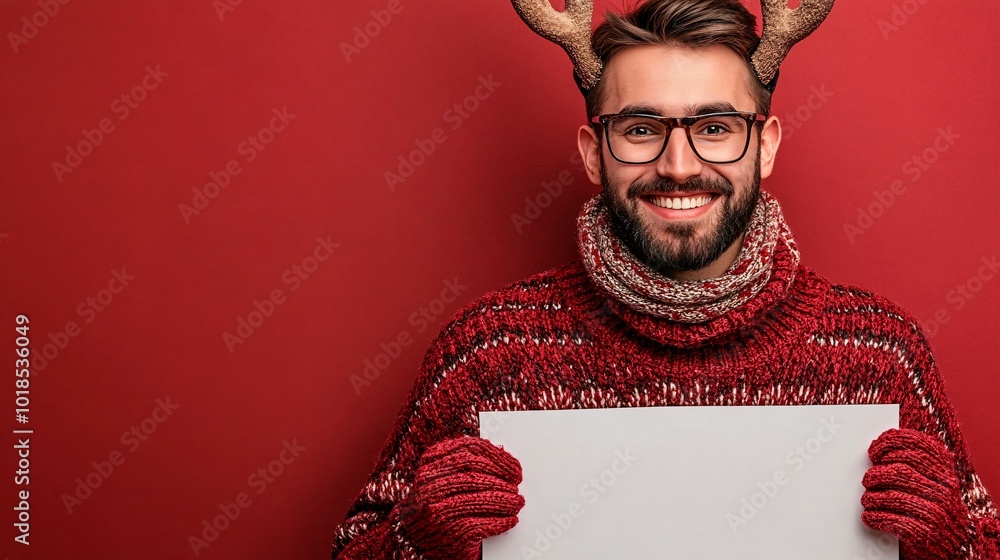 Poster isolated on red color background with side space for letters office worker wearing reindeer antlers 