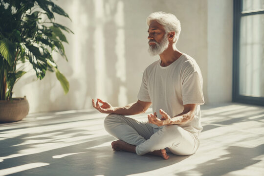 Senior man practicing yoga meditation sitting cross legged in sunny room