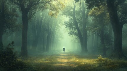 A solitary figure walking through a foggy forest path, surrounded by tall trees, symbolizing the calm of solitude.
