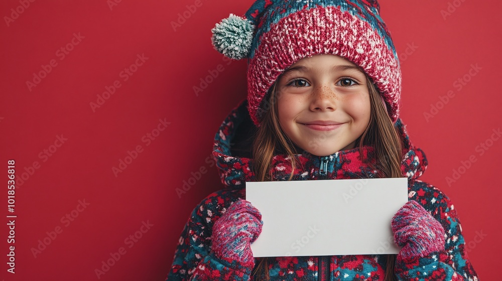 Poster isolated on red color background with side space for letters teenager in a festive hoodie holding a 